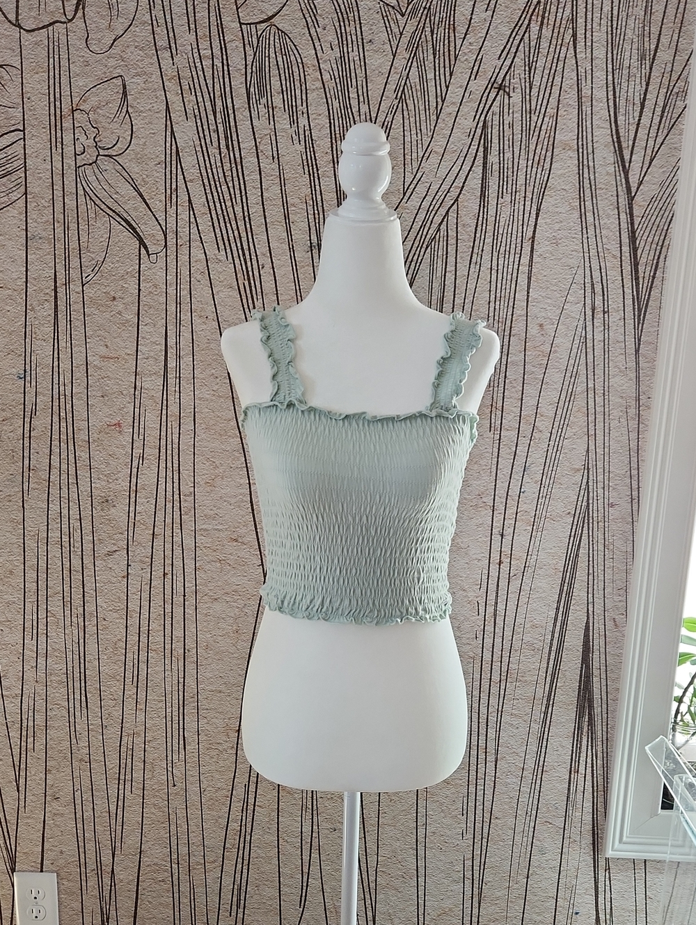 Hollister Sage Green Smocked Ruffled Strap Crop Top